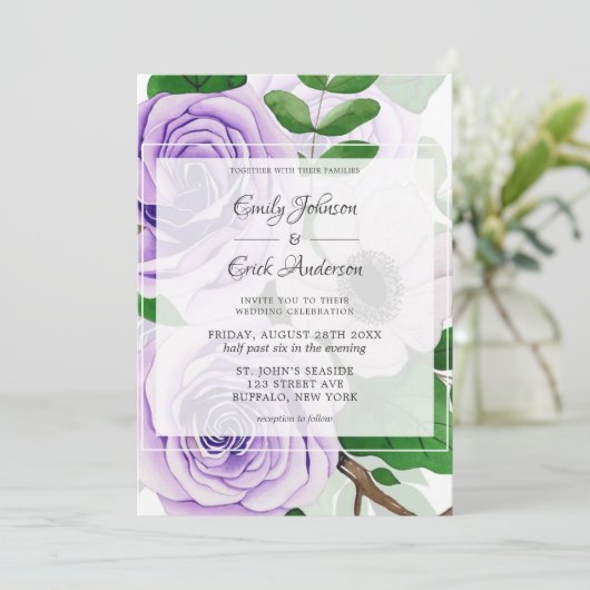 Invitation Mariage d'aquarelle verte Rose violet dans (Debout devant)