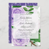 Invitation Mariage d'aquarelle verte Rose violet dans (Devant / Derrière)
