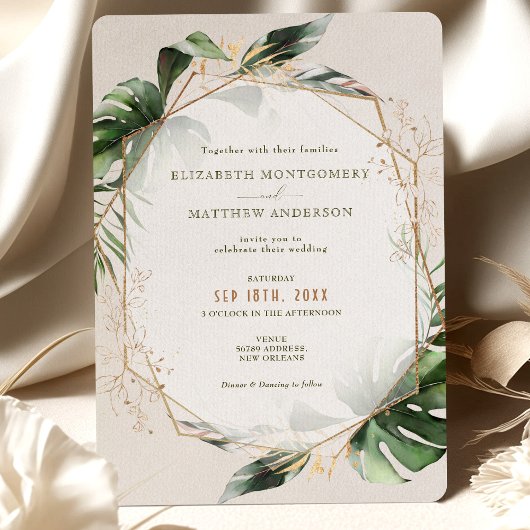 Invitation Mariage d'aquarelle verte Tropical Monstera Gold