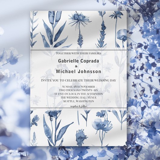 Invitation Mariage d'aquarelle Vintage de fleurs bleues