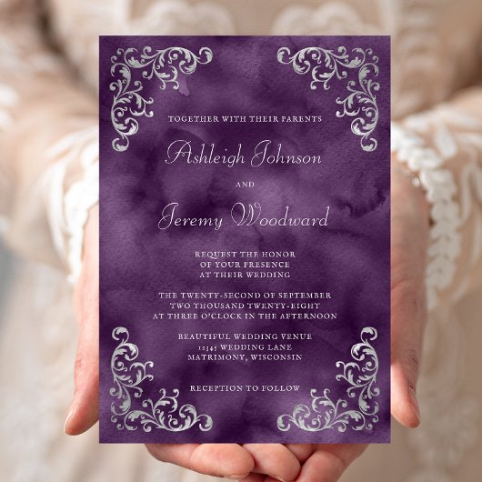 Invitation Mariage d'aquarelle vintage Silver Purple