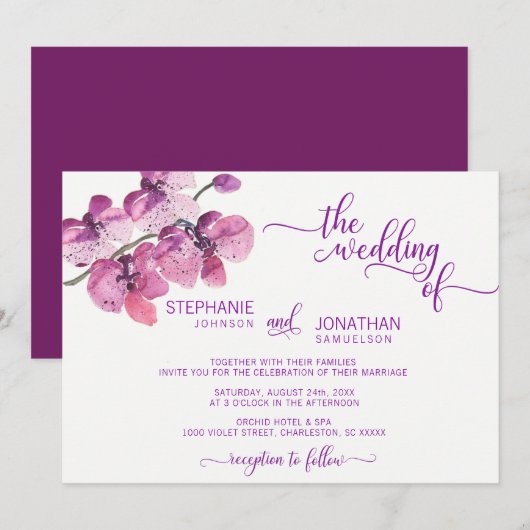 Invitation Mariage d'aquarelle violet fleurs d'orchidées flor (Devant / Derrière)