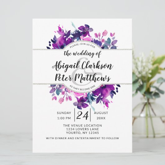 Invitation Mariage d'aquarelle violet floral enchanté (Debout devant)