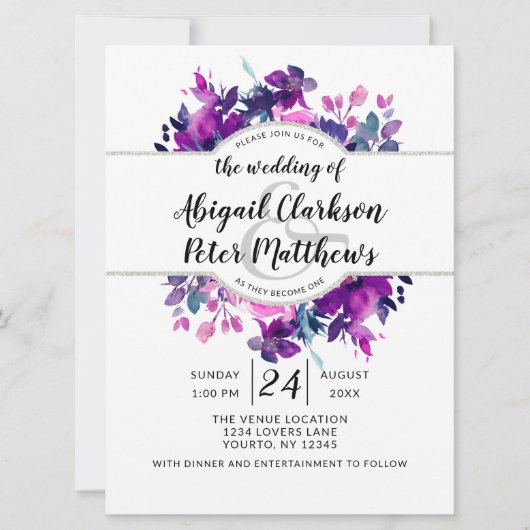 Invitation Mariage d'aquarelle violet floral enchanté (Devant)