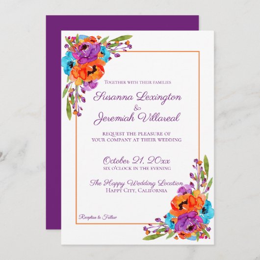 Invitation Mariage d'aquarelle violet turquoise orange (Devant / Derrière)