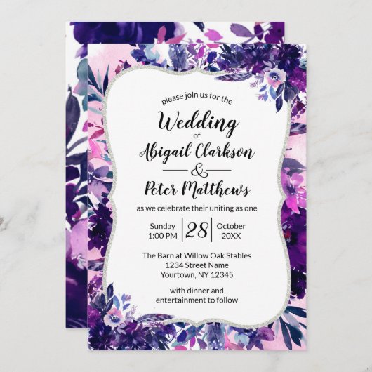 Invitation Mariage d'aquarelle violet violet floral enchanté (Devant / Derrière)