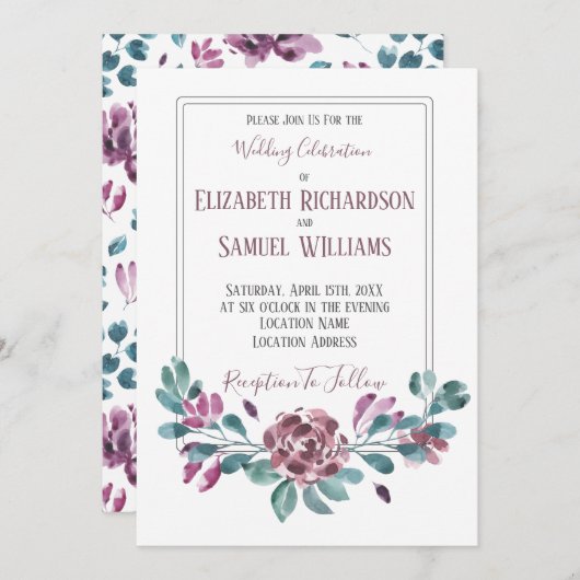 Invitation Mariage d'aquarelle violet violet Peony (Devant / Derrière)