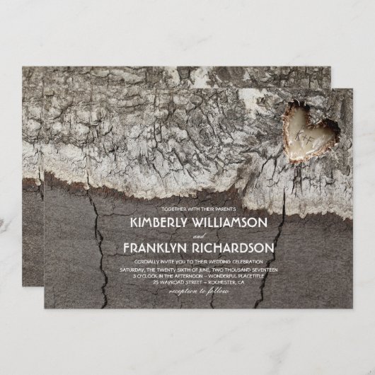 Invitation Mariage d'arbre de coeur en bois sculpté rustique (Devant / Derrière)