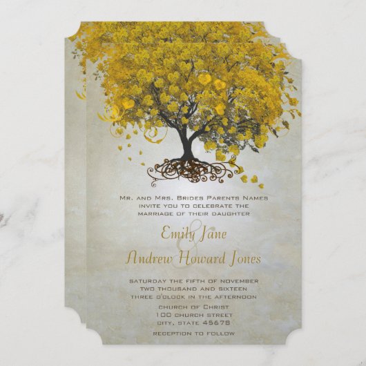 Invitation Mariage d'arbre de feuilles de coeur jaune invite (Devant / Derrière)