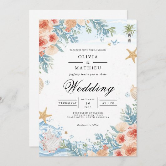 Invitation Mariage d'arc botanique de corail côtier (Devant / Derrière)
