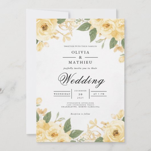 Invitation Mariage d'arc botanique en fleurs dorées (Devant)