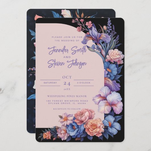 Invitation Mariage d'arc botanique rose et bleu Iris (Devant / Derrière)