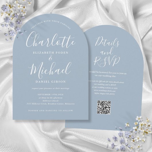 Invitation Mariage d'arc de code QR de script élégant bleu po