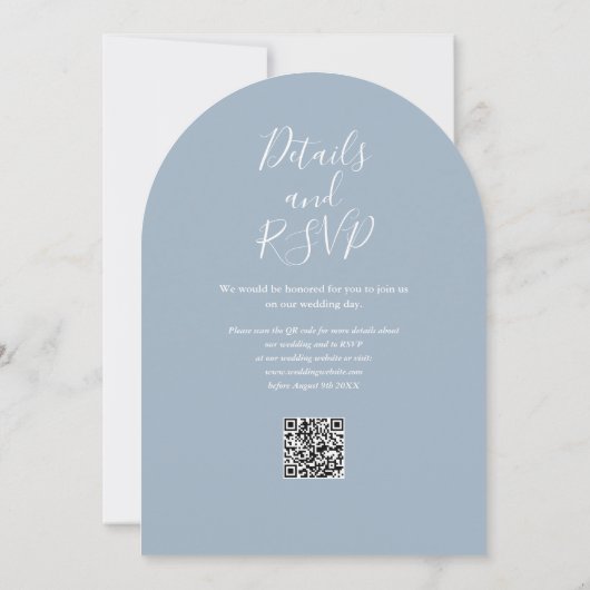 Invitation Mariage d'arc de code QR de script élégant bleu po (Dos)