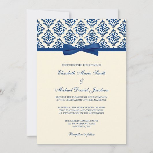 Invitation Mariage d'arc de damassé de bleu marine et (Devant)