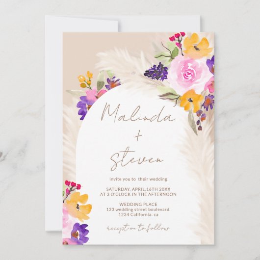 Invitation Mariage d'arc de désert Boho rose fleuri (Devant)