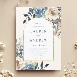 Invitation Mariage d'arc d'or floral bleu de la Marine