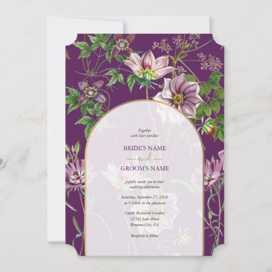 Invitation Mariage d'arc doré fleuri violet (Devant)
