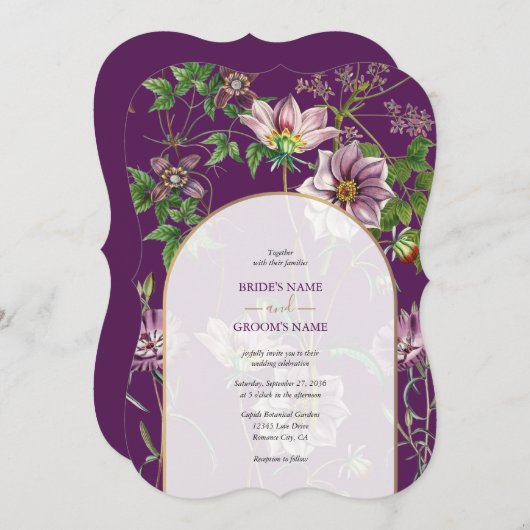 Invitation Mariage d'arc doré fleuri violet (Devant / Derrière)