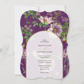 Invitation Mariage d'arc doré fleuri violet (Devant)