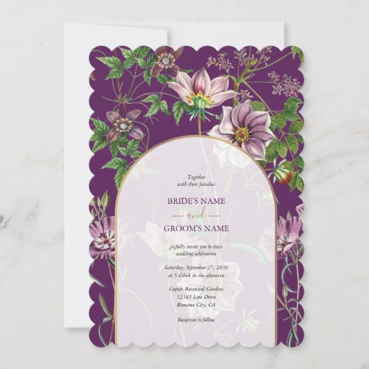Invitation Mariage d'arc doré fleuri violet (Devant)