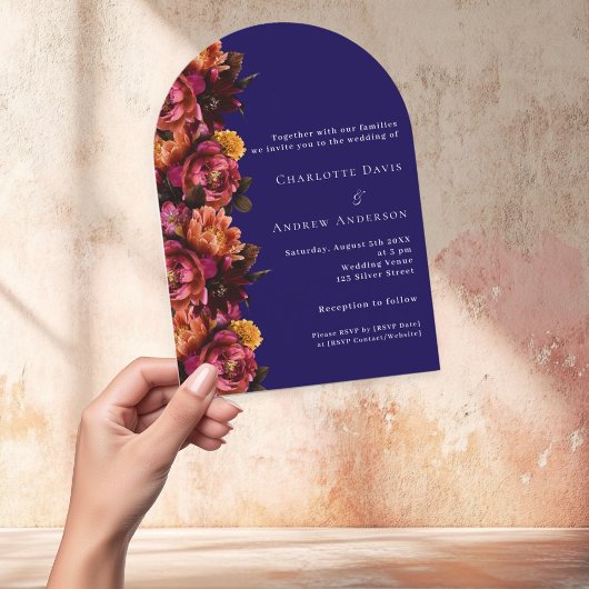 Invitation Mariage d'arc fleuri de pêche bleu marine de Bourg