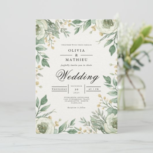 Invitation Mariage d'arc fleuri vert doux (Debout devant)