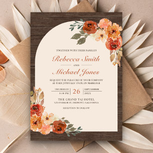 Invitation Mariage d'arc floral orange brulé en bois de grang