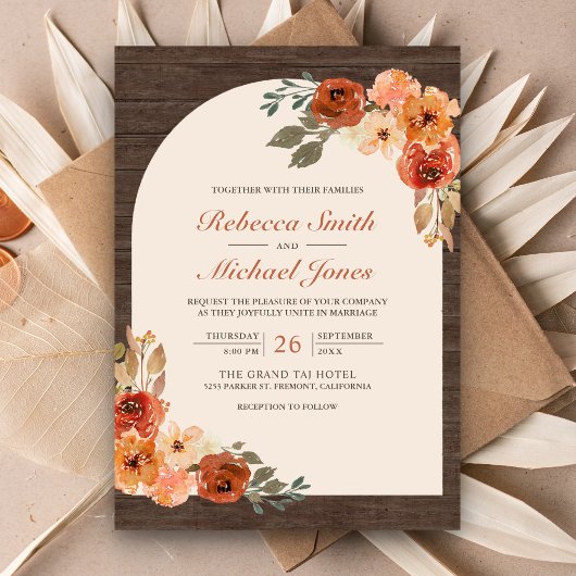 Invitation Mariage d'arc floral orange brulé en bois de grang