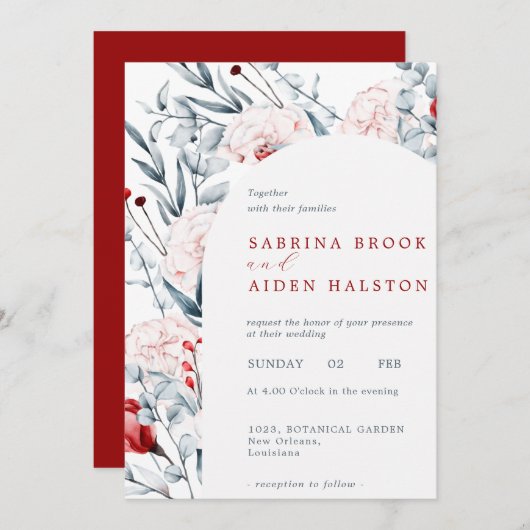 Invitation Mariage d'arc floral rouge et bleu (Devant / Derrière)