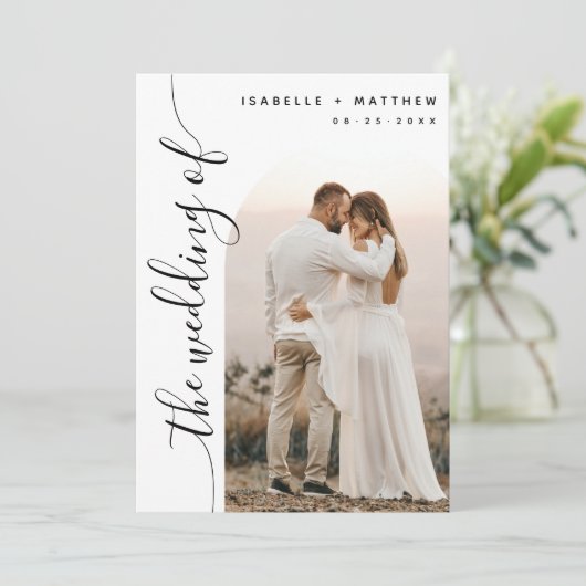 Invitation Mariage d'arc photo de script vertical (Debout devant)