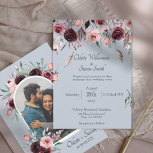 Invitation Mariage d'arc photo floral bleu et bordeaux