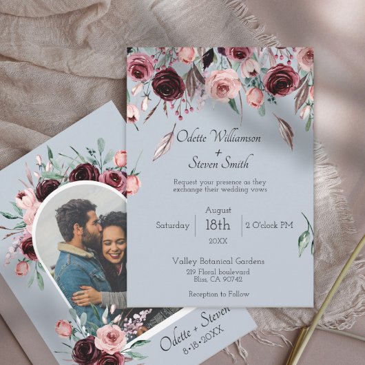 Invitation Mariage d'arc photo floral bleu et bordeaux
