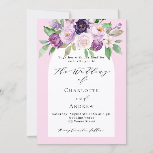 Invitation Mariage d'arc rose violet de fleurs couleur eau (Devant)