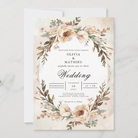 Invitation Mariage d'arcade florale en crème usée (Devant)