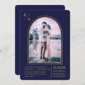 Invitation Mariage d'arche bleu marine simple or moderne (Devant / Derrière)