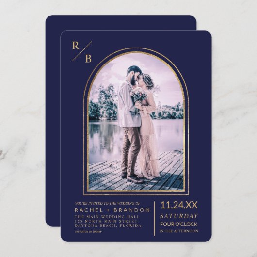 Invitation Mariage d'arche bleu marine simple or moderne (Devant / Derrière)