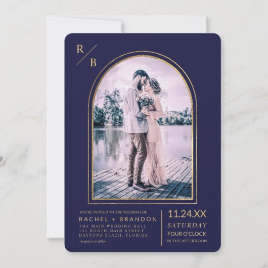 Invitation Mariage d'arche bleu marine simple or moderne (Devant)