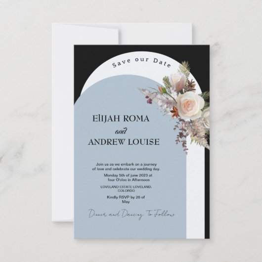 Invitation Mariage d'arche Boho noir et bleu (Devant)