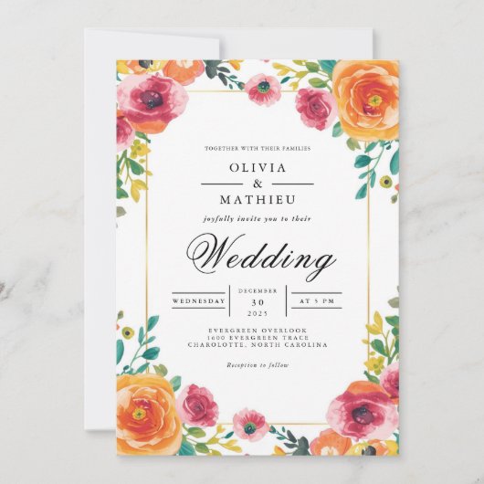 Invitation Mariage d'arche botanique corail et Rose (Devant)