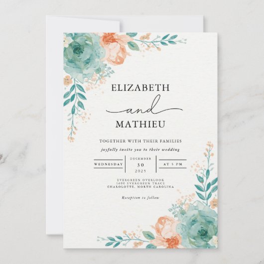 Invitation Mariage d'arche botanique Turquoise douce (Devant)