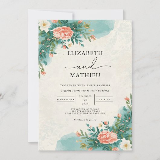 Invitation Mariage d'arche de fleur d'aquarelle corail (Devant)