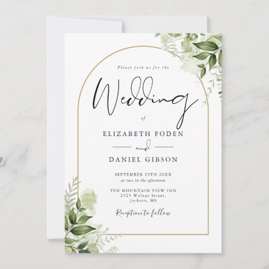 Invitation Mariage d'arche d'or Floral QR Code vert (Devant)