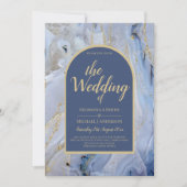Invitation Mariage d'arche en marbre moderne bleu or (Devant)