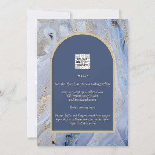 Invitation Mariage d'arche en marbre moderne bleu or (Dos)