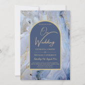 Invitation Mariage d'arche en marbre moderne bleu or (Devant)