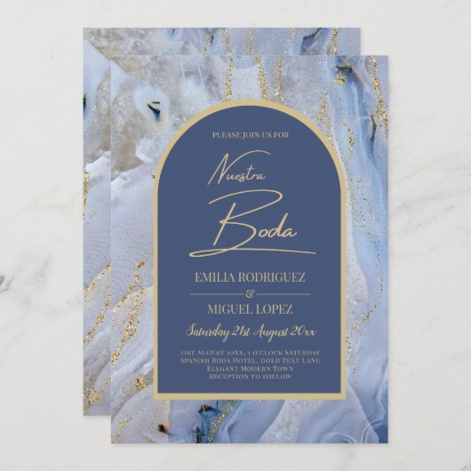 Invitation Mariage d'arche en marbre moderne bleu or (Devant / Derrière)