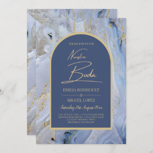 Invitation Mariage d'arche en marbre moderne bleu or