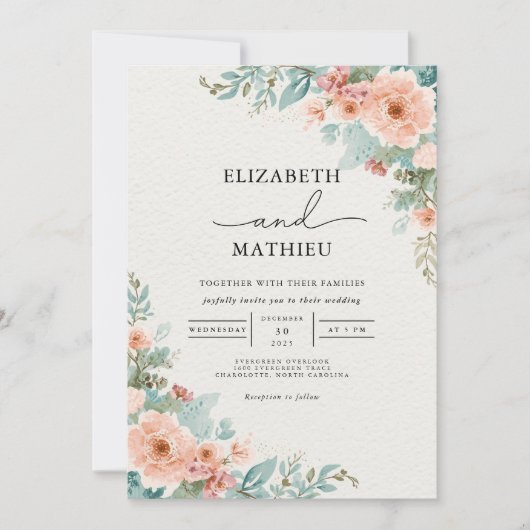 Invitation Mariage d'arche fleurie de corail doux (Devant)