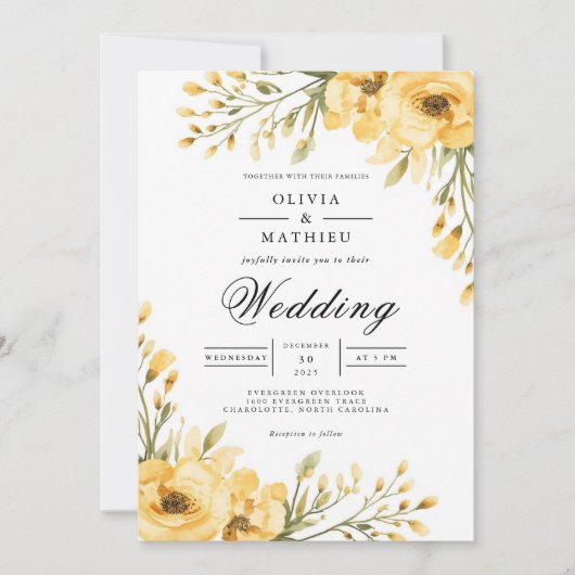 Invitation Mariage d'arche fleurie jaune or (Devant)